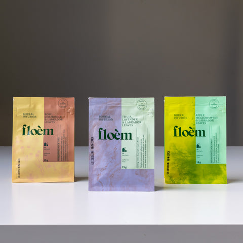 Floral teas in colour block packaging.