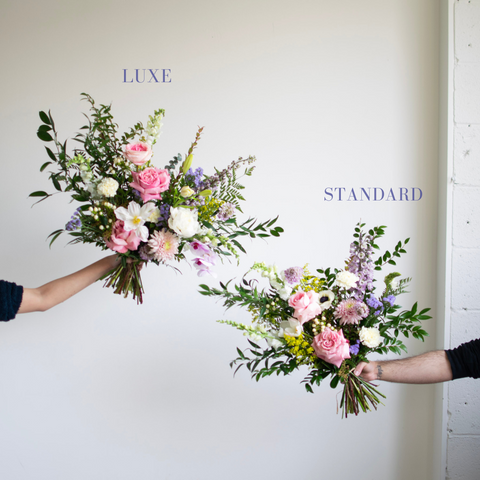 Two arms hold out differently sized bouquets. The larger bouquet is labelled as "luxe" while the smaller is labelled "standard."