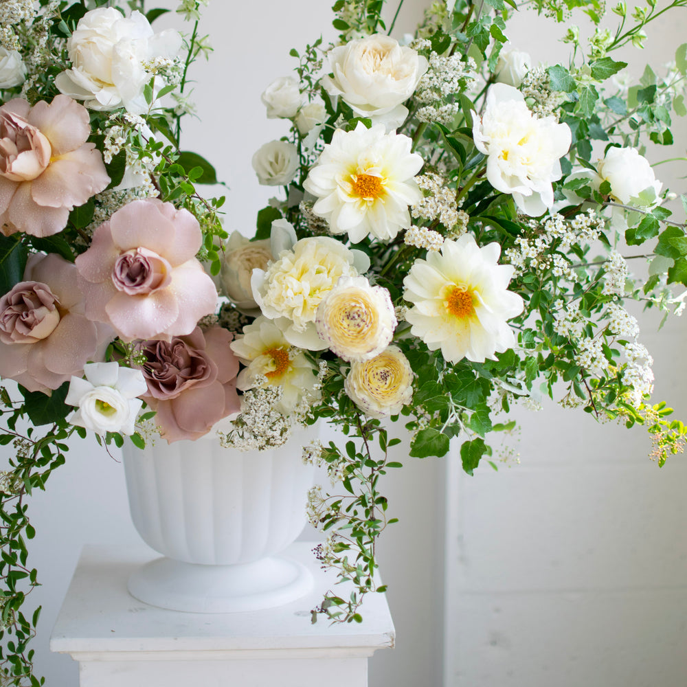 A close-up of the white flowers in a funeral arrangement, which includes daisies.