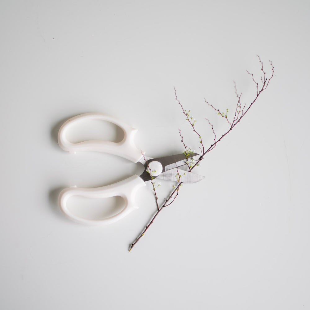 White flower clippers ready to snip a small branch.