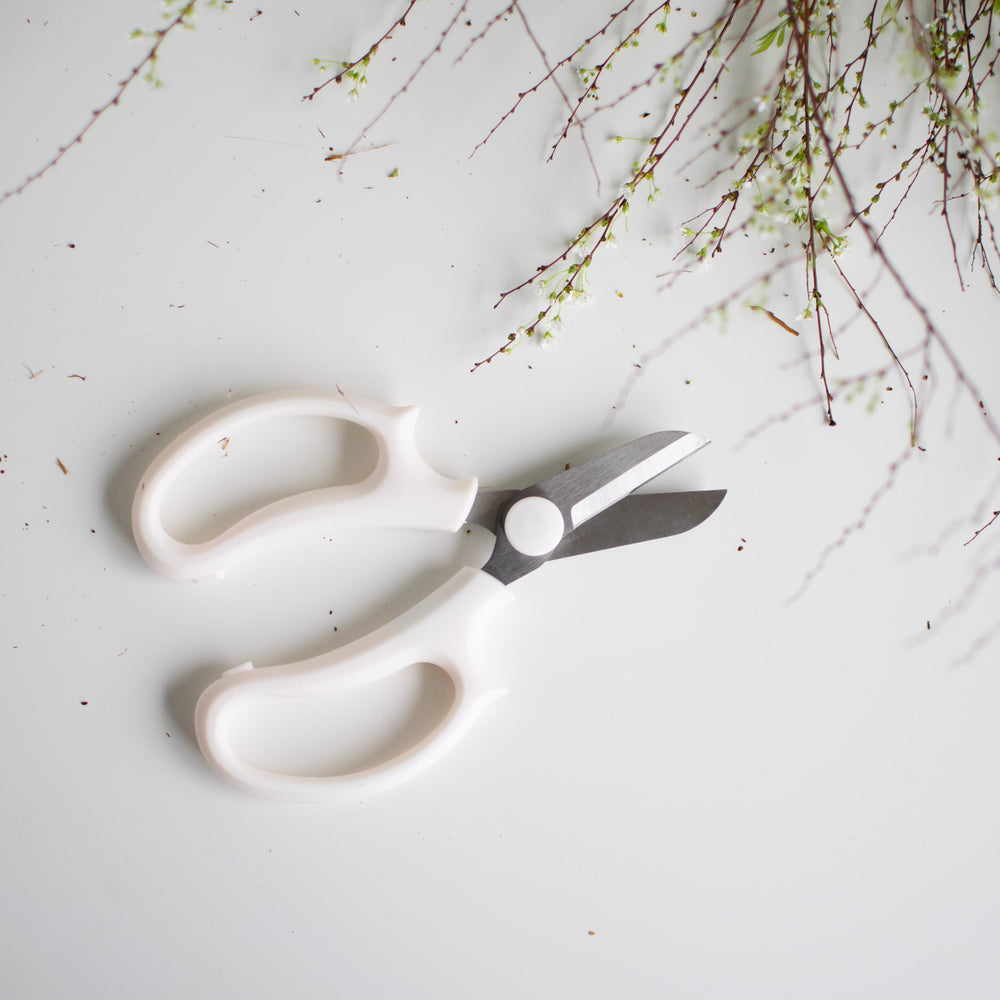 A pair of metal floral clippers with white handles.