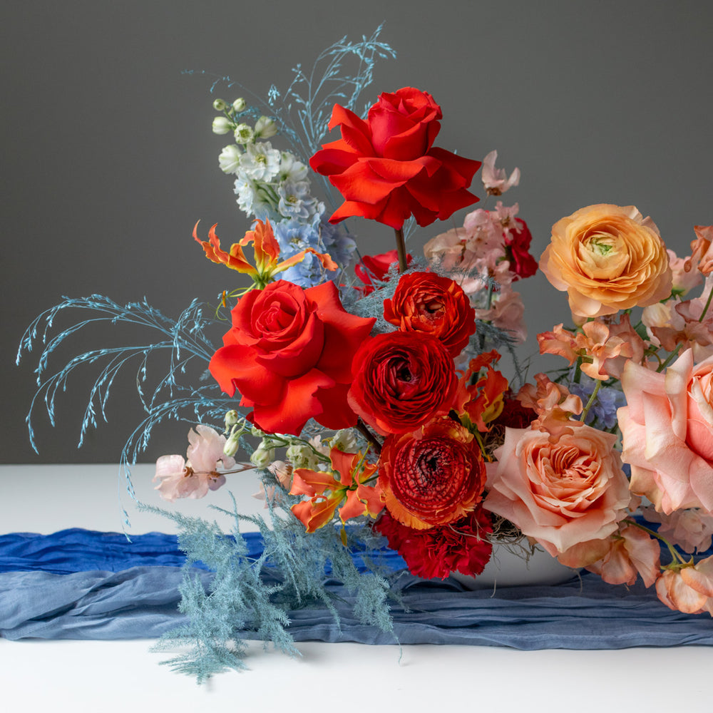 Close up of the red flowers in the arrangement