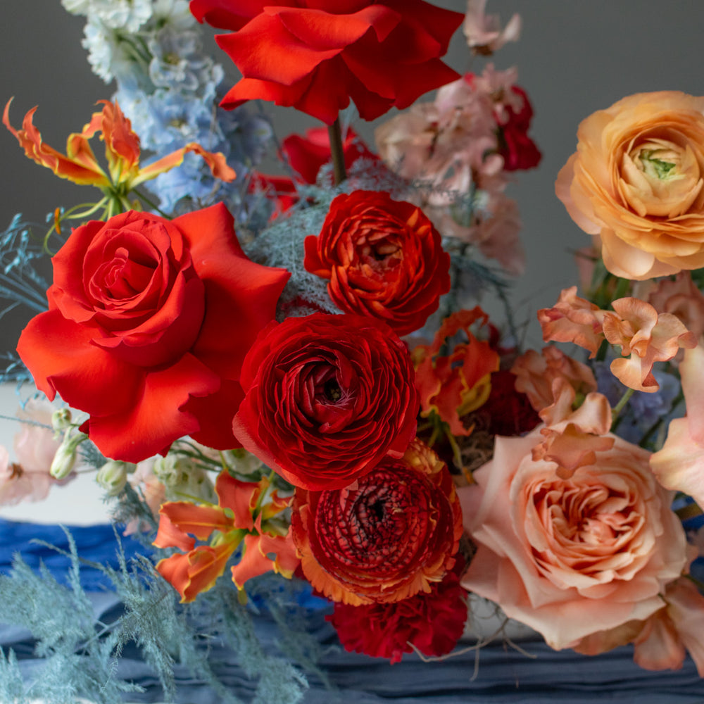 Close up of the red flowers in the arrangement