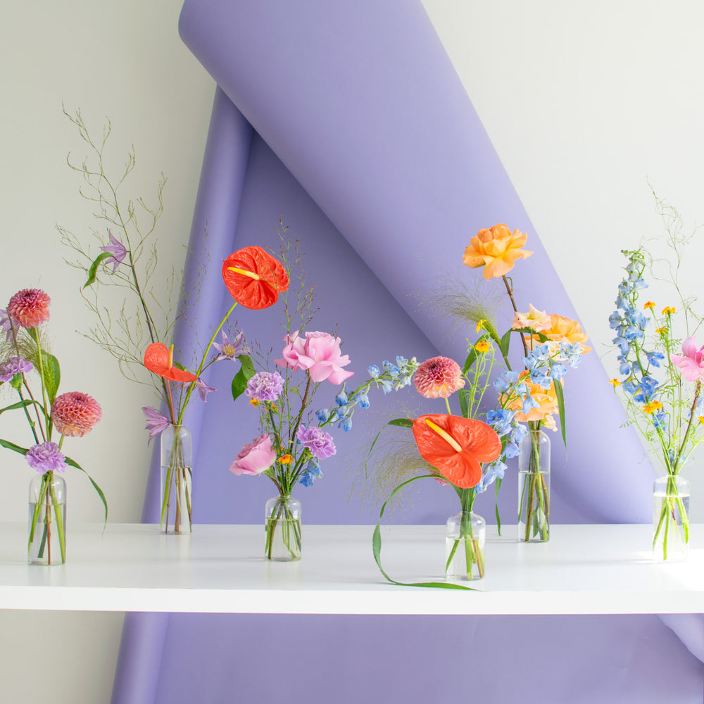 Variously sized bud vases filled with bright and colorful flowers.