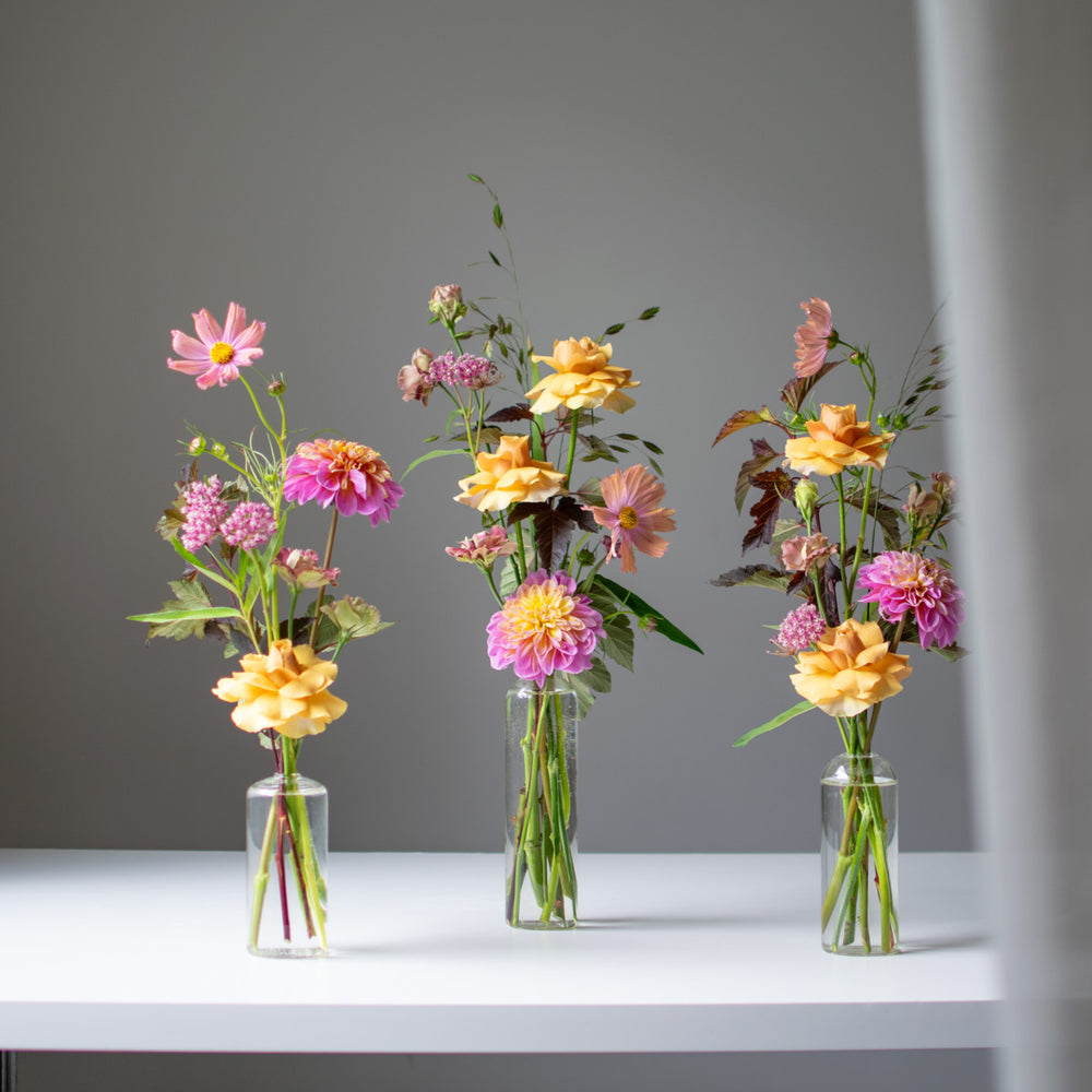 Three cheerful bud vases containing light pink and yellow flowers.