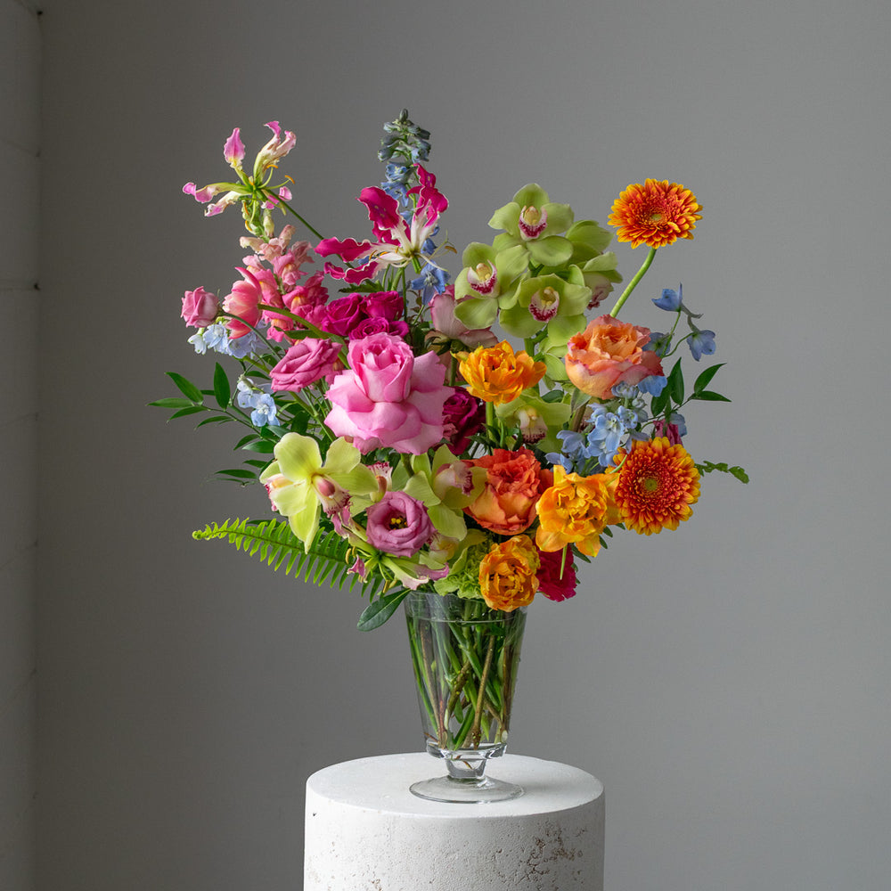 Large Footed Glass Vase Arrangement