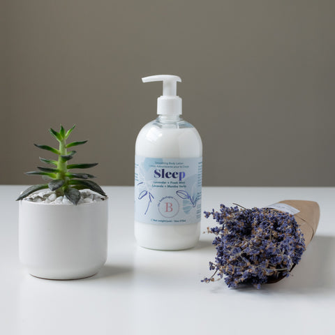 a succulent plant, a dried lavender bundle and a lavender & fresh mint scented body lotion.