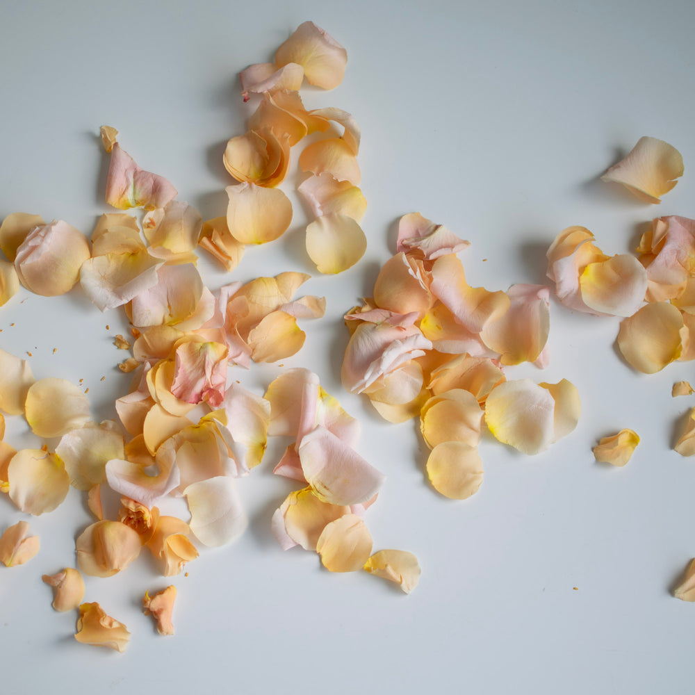 Romantic rose petals are placed on a table.