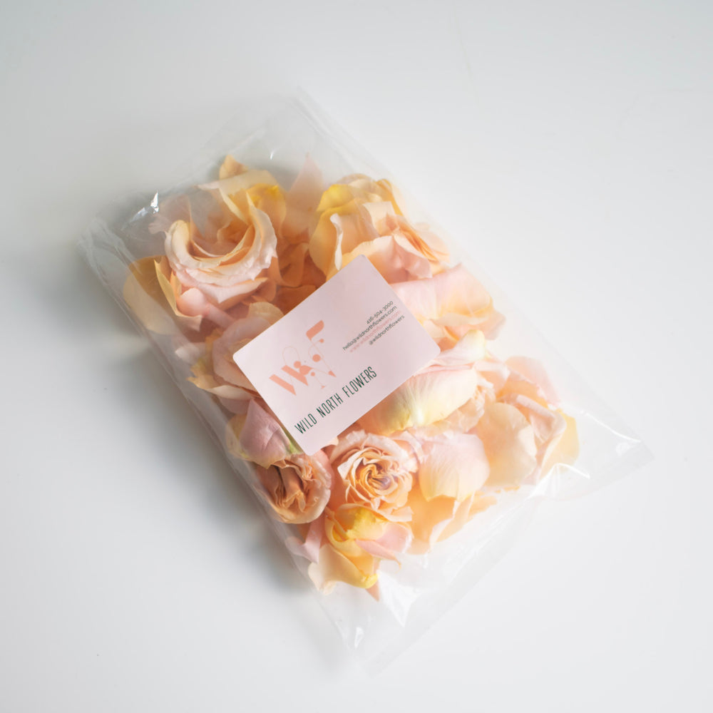 Pink rose petals in a clear plastic bag.