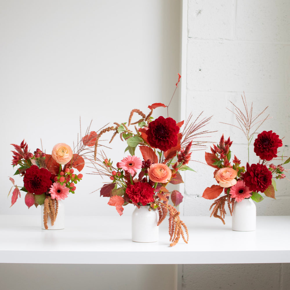A trio of autumn coloured bud arrangements in white vases. Red dahlias are used in every vase.