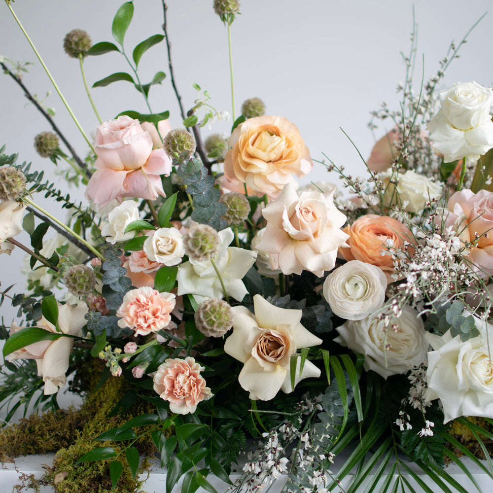 A close-up of soft pink and cream flowers with a mossy base.