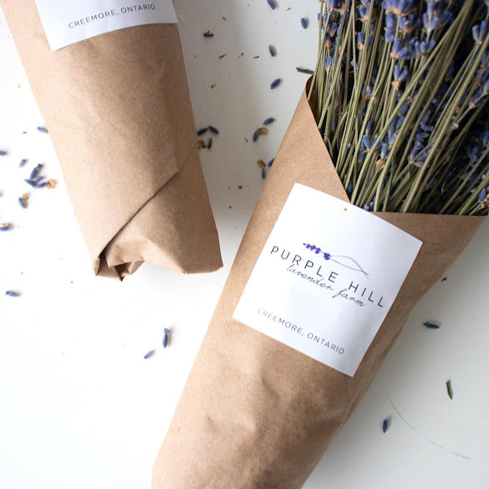 Close-up of a Purple Hill Lavender Farm label on a dried bouquet.