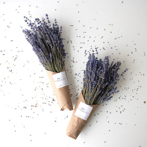 Two bundles of dried lavender amidst a sprinkling of fallen petals.