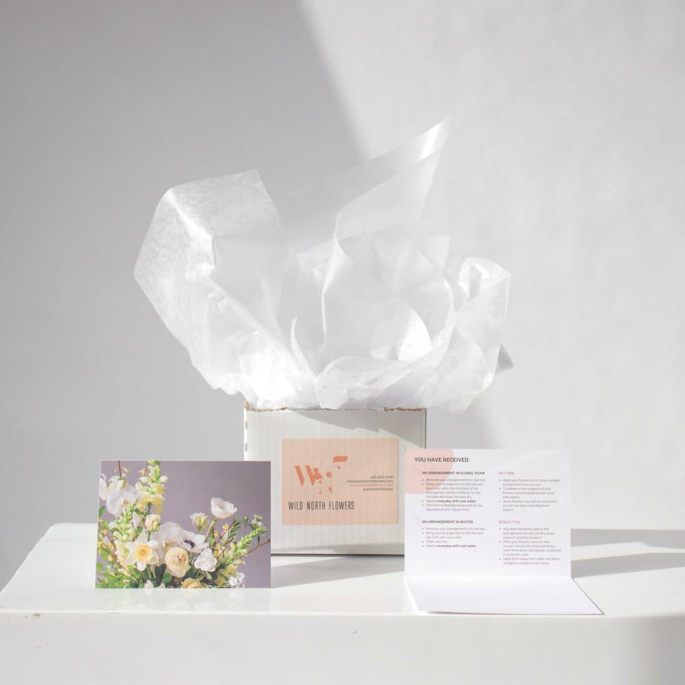 Standard Glass Vase Arrangement neatly wrapped and transported in a flower box.